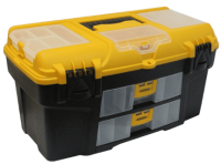 Ящик для инструментов УРАН-21 с двумя консолями и коробками желтый с черным